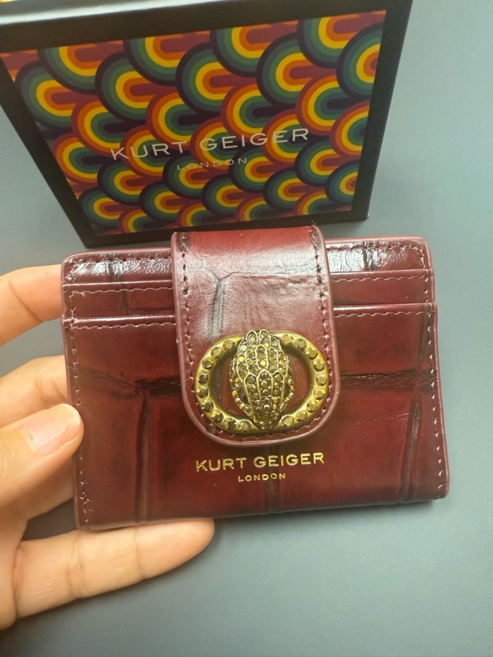 Kurt Geiger Burgundy Leather Key & Card Holder with Gold Emblem